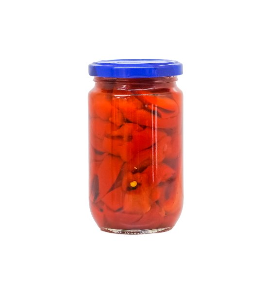 Marinated sweet pepper slices in glass jar 