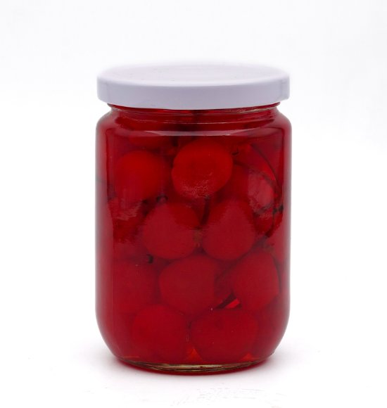 Canned red pitted cherries with stem 