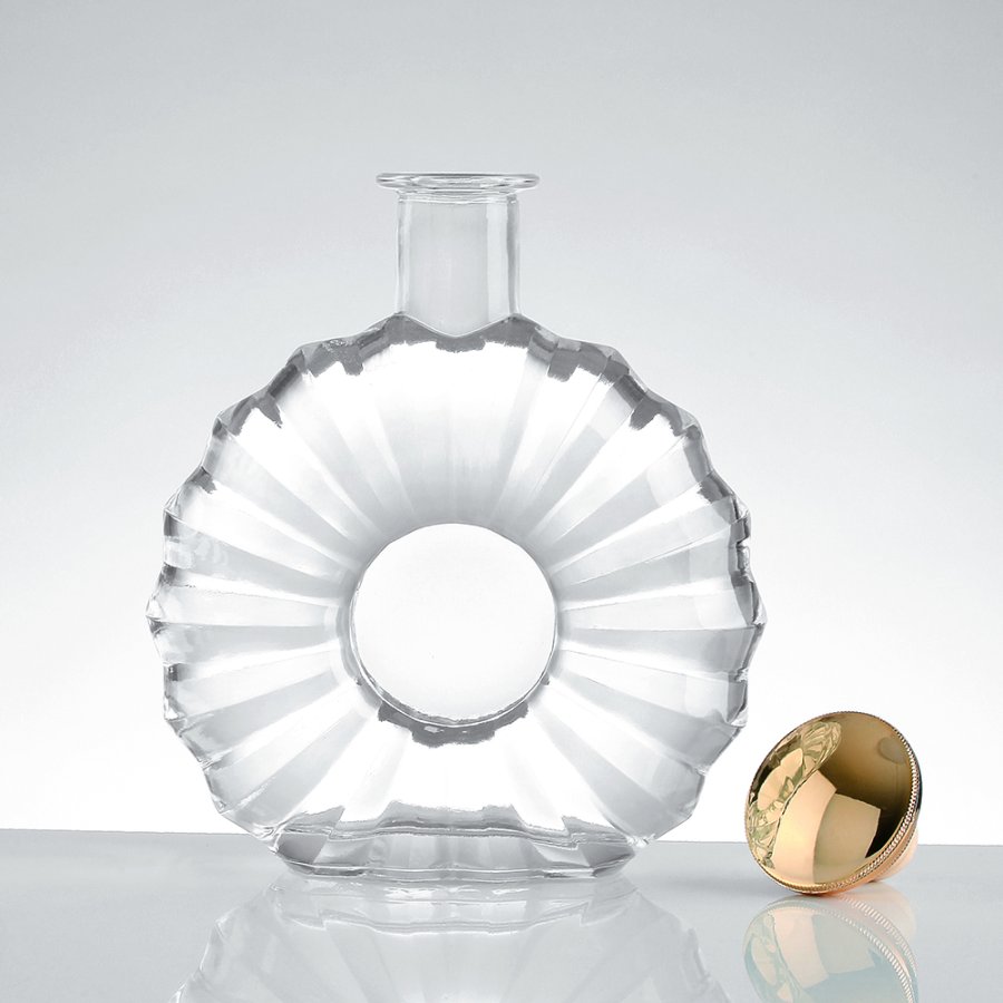 Unique Flat Round Design 500ml Brandy Bottle (3)、Clear Scalloped Design 750ml Spirits Glass Bottle