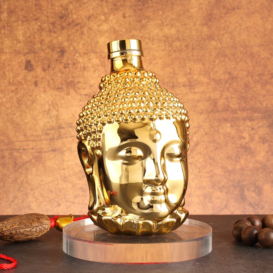 Golden Buddha head Whisky Liquor Glass Bottle (7)