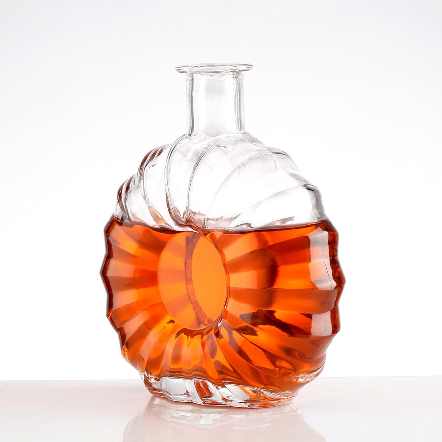 Unique Flat Round Design 500ml Brandy Bottle (7)、Clear Scalloped Design 750ml Spirits Glass Bottle