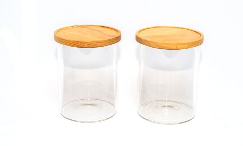 Paquete de 2 tarros de cristal para almacenamiento de alimentos con tapa de madera natural.
