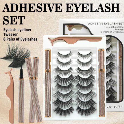 8 Pairs Self-Adhesive False Eyelash Set with Eyeliner & Tweezer | No Glue Needed