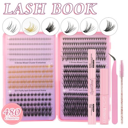 DIY Fluffy Lash Extensions at Home: The 5-Style Lash Book with 480 Clusters, Bond & Seal Pen, Remover and Precision Tools