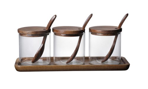 Eco-Friendly Feature borosilicate glass food spice jar airtight clear glass storage jar sets with Acacia lid and spoon