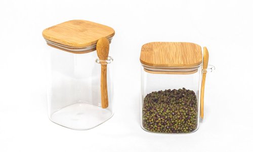 Clear square and round shape preserve food containers glass spice storage jar with spoon bamboo lid