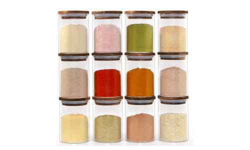 12 Pack square and round shape clear borosilicate glass spice jars with bamboo lids set