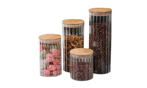 Customized Ribbed Vertical Stripes Glass Spice Bottles Jar set with Bamboo Airtight Lids and Labels and pen
