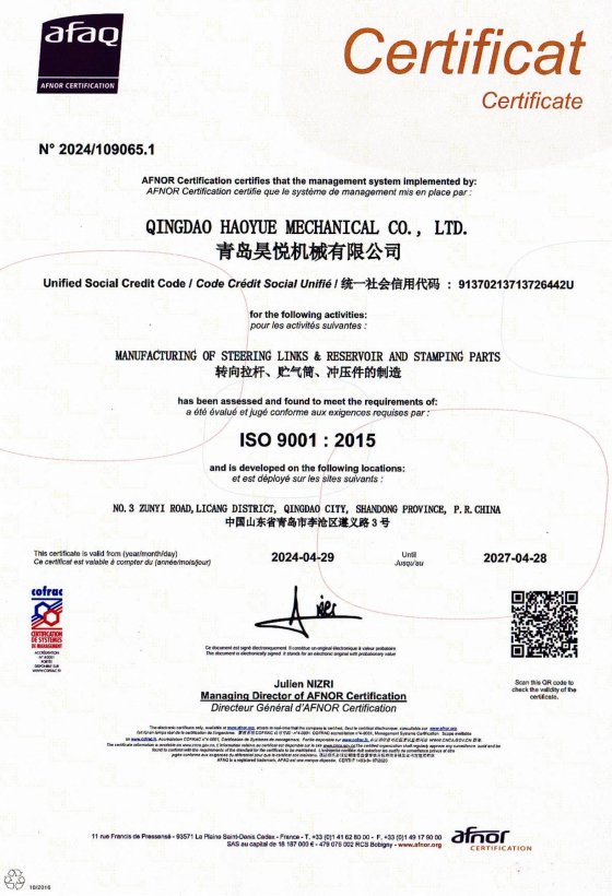ISO 9001 Quality Management System Certificate for Automotive Parts