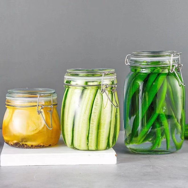 Food Empty Transparent Glass Jar With Metal Hinge Clip Lid