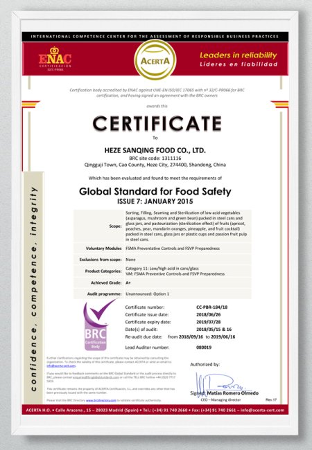 BRC Certificate - HEZE SANQING 2018
