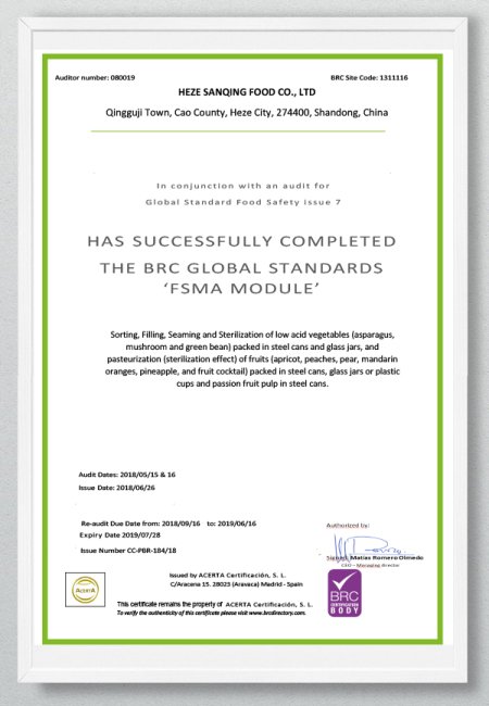 FSMA Certificate of conformity - HEZE SANQING 2018