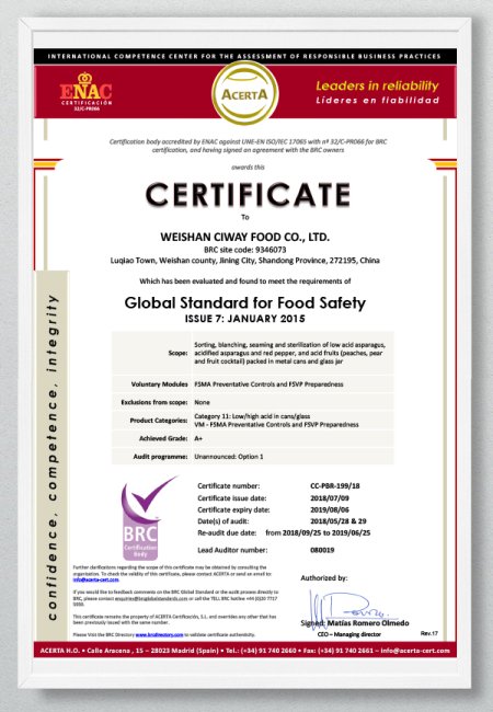 BRC Certificate - WEISHAN CIWAY 2018
