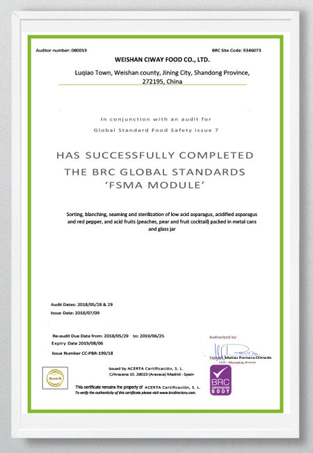 FSMA Certificate of conformity - WEISHAN CIWAY 2018