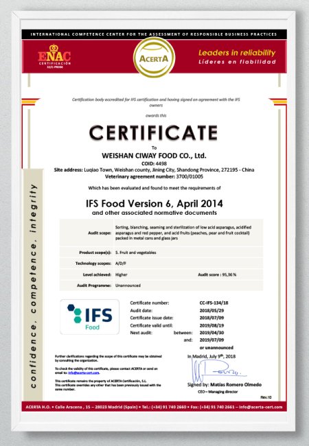 IFS Certificate - WEISHAN CIWAY 2018