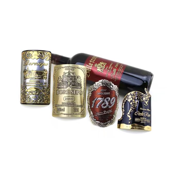 Botella de vino Placas de metal Insignias Etiqueta adhesiva