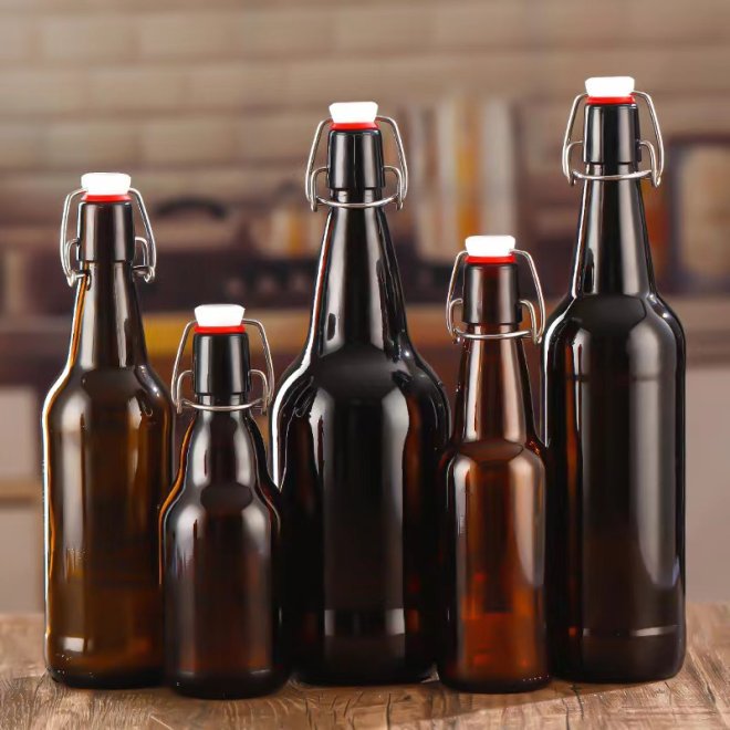 Botella de Cerveza Redonda de Vidrio Ámbar con Tapa Giratoria